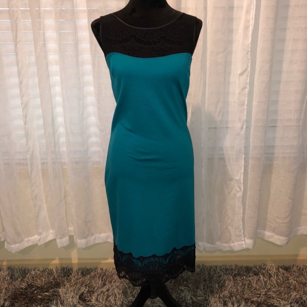 Teal midi dress with black lace